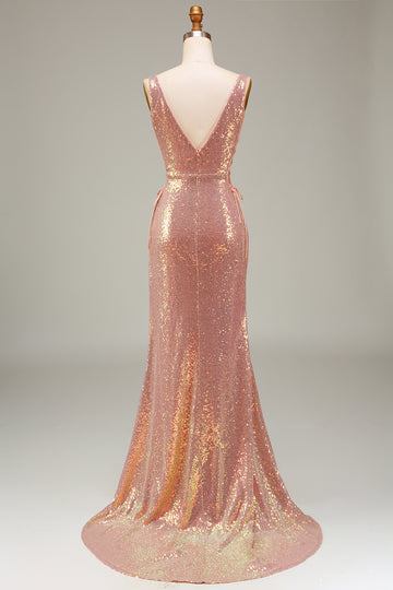 Sparkly Blush Mermaid V-Neck Long Ball Dress with Slit